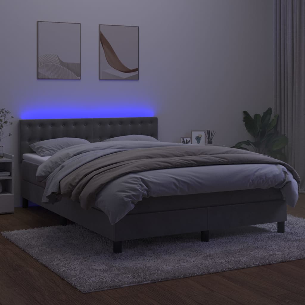 Cama box spring c/ colchão/LED 140x190 cm veludo cinzento