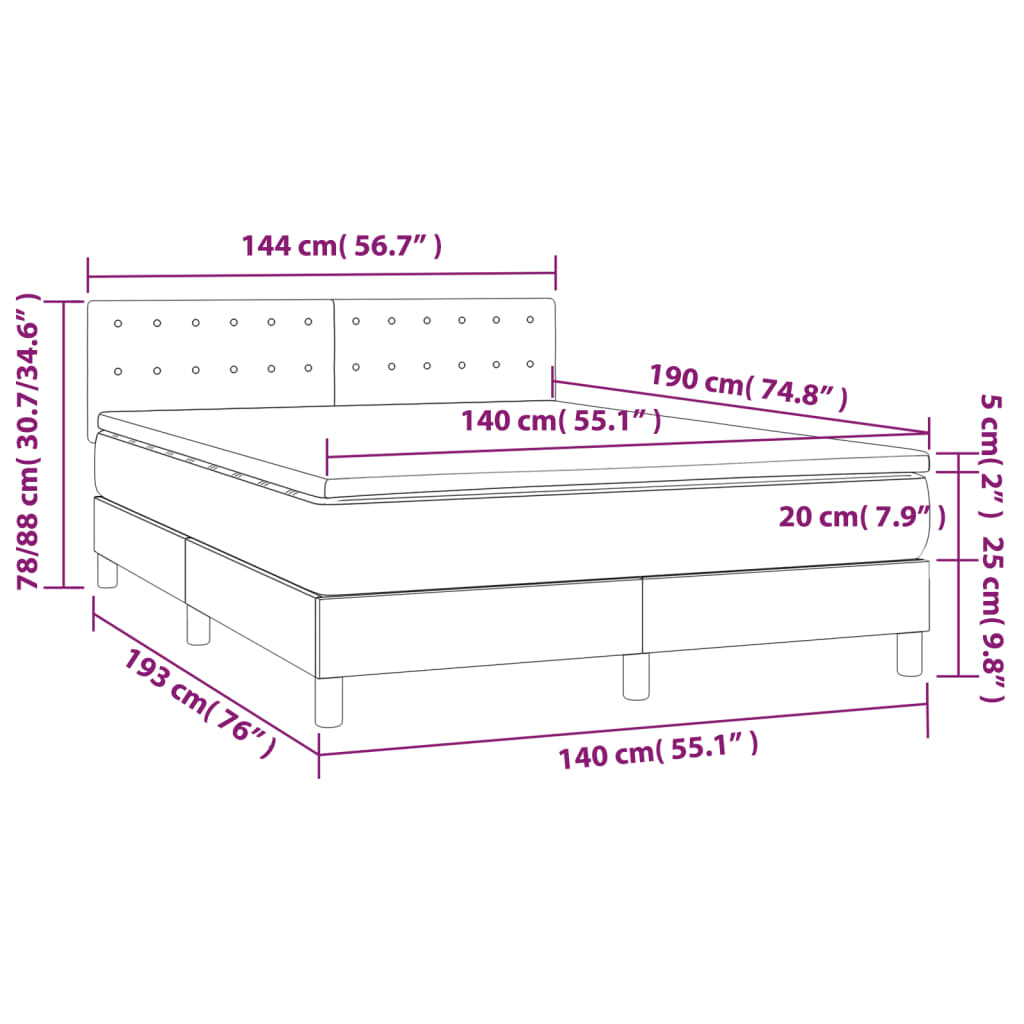 Cama box spring c/ colchão/LED 140x190 cm veludo cinzento